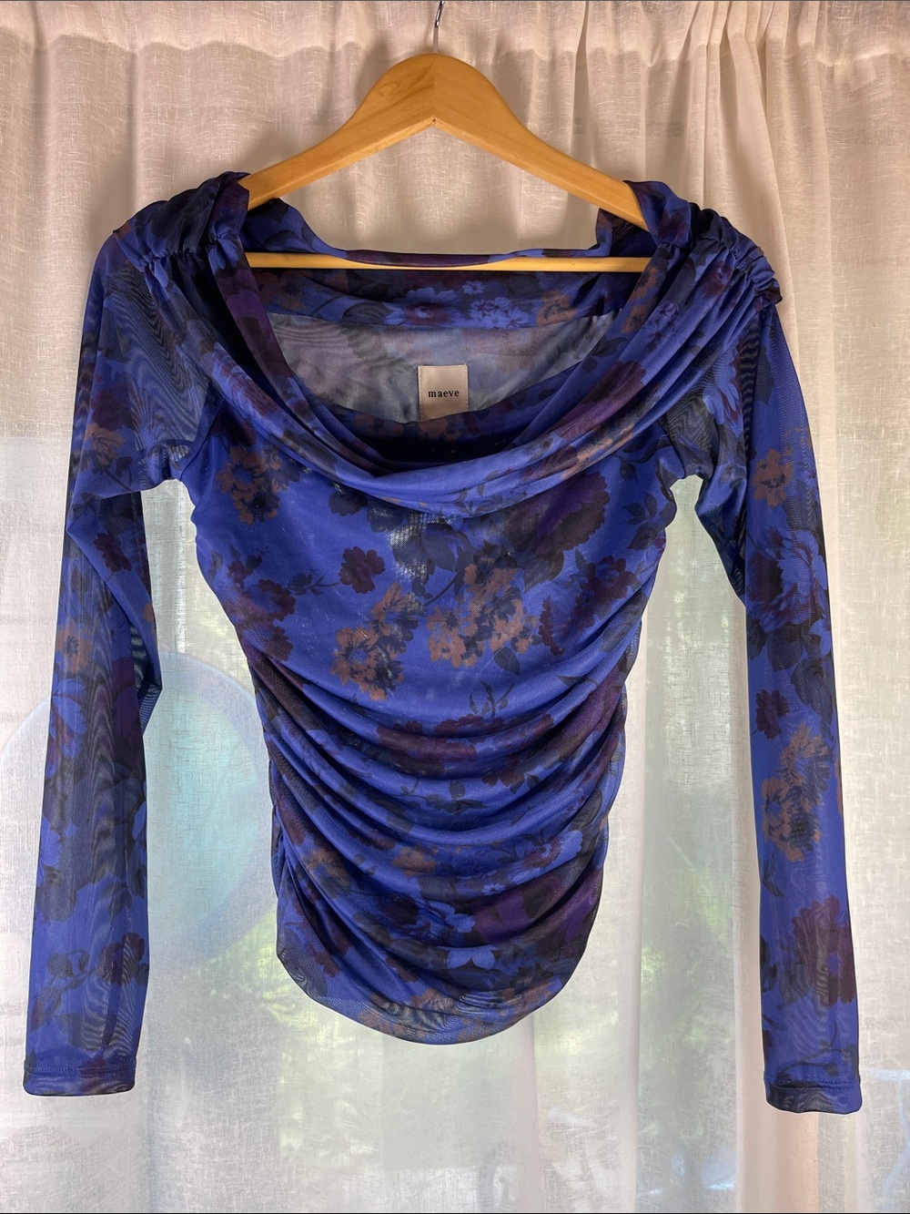 Maeve Floral Draped Mesh Off-the-shoulder Long-Sleeve Top